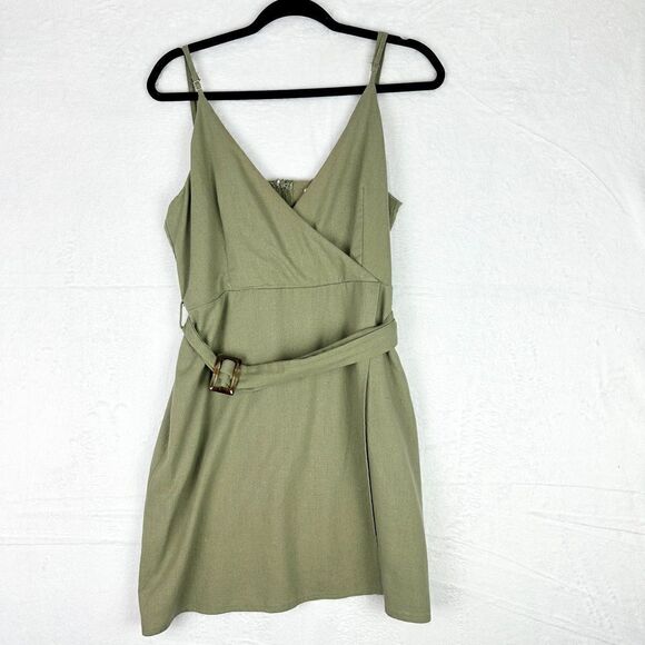 Showpo Linen Blend Faux Wrap Mini Dress Size 12 Green Belted Surplice Neckline - Picture 1 of 7